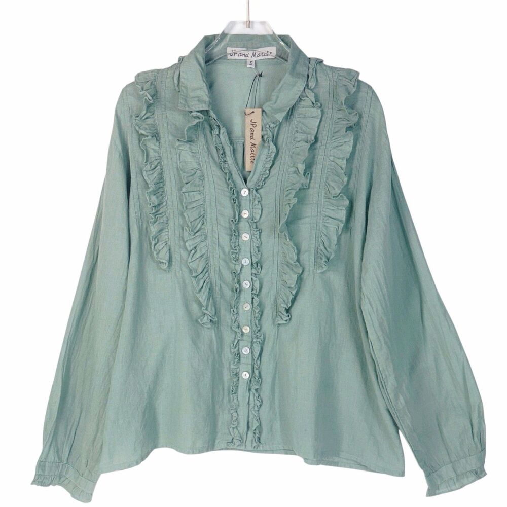 NWT Sundance Size Small JP & Mattie Top The Blanchard Blouse Sage Green Ruffles